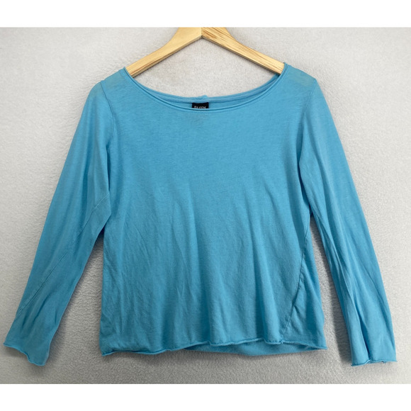 Eileen Fisher Tops - EILEEN FISHER Top M Fine Cotton Jersey Raw Hems Boat Neck Long Sleeve Blue
